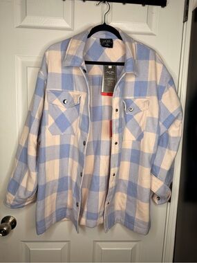 NWT HFX Plaid Flannel Shirt Jacket Shacket Blue Cream Medium